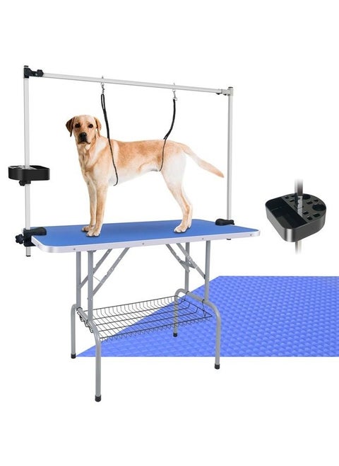 45'' Professional Foldable Heavy Duty Dog Pet Grooming Table with Tool Holder H-Shape Arm & Noose & Mesh Tray, Maximum Capacity Up to 260lbs, Blue