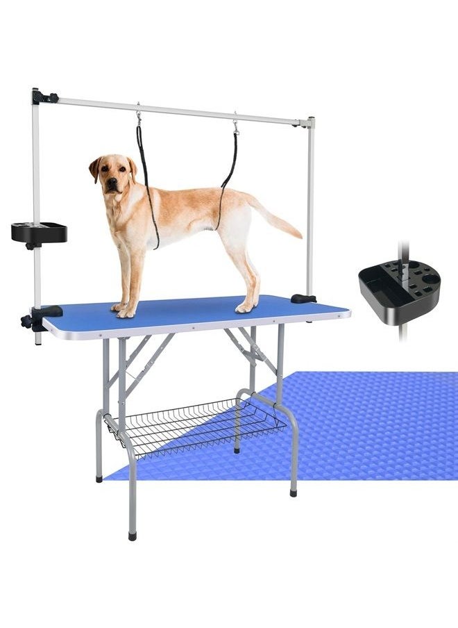 45'' Professional Foldable Heavy Duty Dog Pet Grooming Table with Tool Holder H-Shape Arm & Noose & Mesh Tray, Maximum Capacity Up to 260lbs, Blue