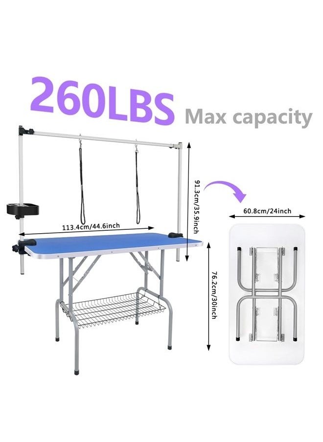 45'' Professional Foldable Heavy Duty Dog Pet Grooming Table with Tool Holder H-Shape Arm & Noose & Mesh Tray, Maximum Capacity Up to 260lbs, Blue