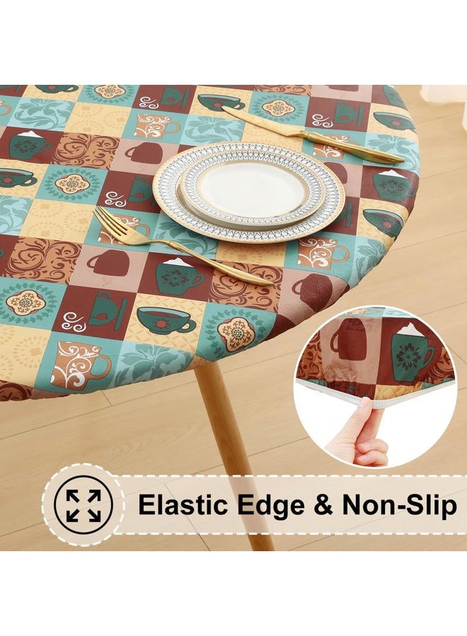 misaya Round Fitted Tablecloth with Elastic Edge, 100% Waterproof Oil Proof Plastic Table Cover, Vinyl Flannel Backed Tablecloth Fits 36"-44" Round Tables for Dinner, Outdoor, Picnic, Patterned Cups - Image 2
