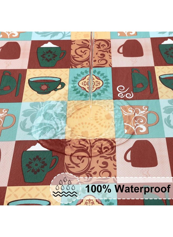 misaya Round Fitted Tablecloth with Elastic Edge, 100% Waterproof Oil Proof Plastic Table Cover, Vinyl Flannel Backed Tablecloth Fits 36"-44" Round Tables for Dinner, Outdoor, Picnic, Patterned Cups - Image 3