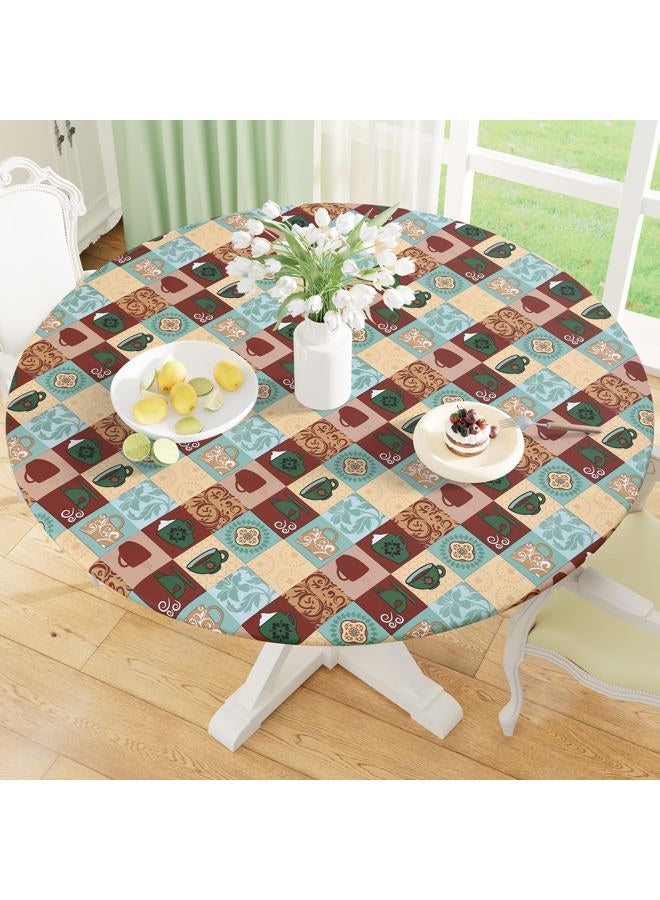 misaya Round Fitted Tablecloth with Elastic Edge, 100% Waterproof Oil Proof Plastic Table Cover, Vinyl Flannel Backed Tablecloth Fits 36"-44" Round Tables for Dinner, Outdoor, Picnic, Patterned Cups - Image 1