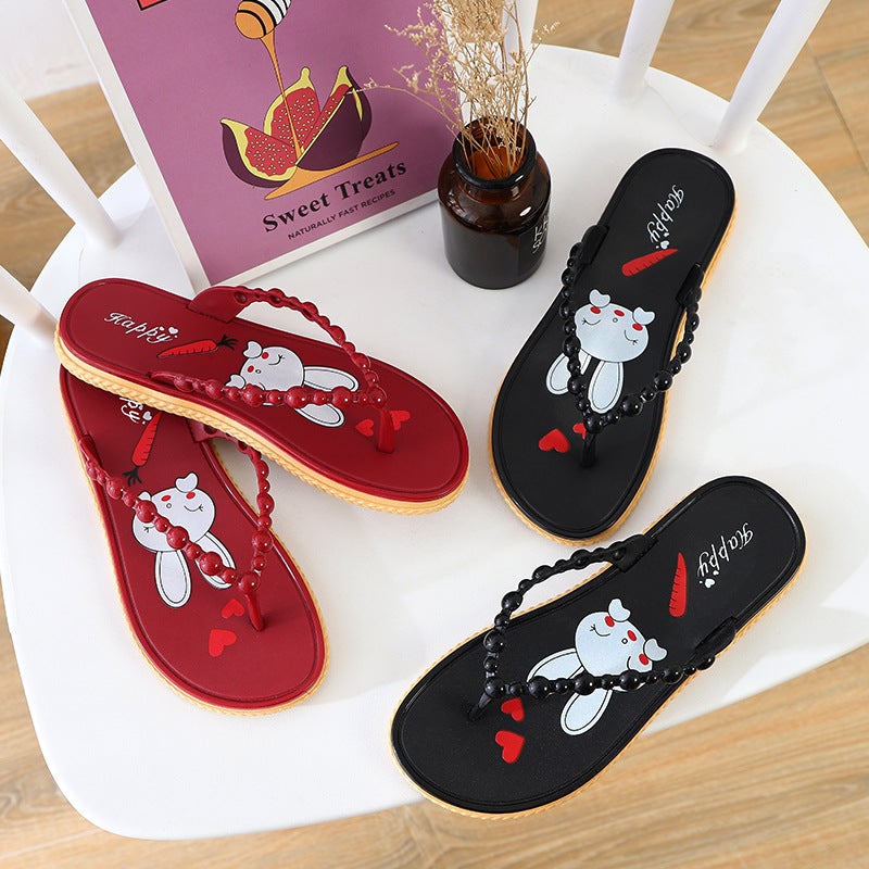 صنادل نسائية صيفية من الفلين مع تصميم أرنب لطيف، قاع سميك، غير قابلة للانزلاق، صنادل كاجوال خارجية، شباشب شاطئية سوداء - Image 4