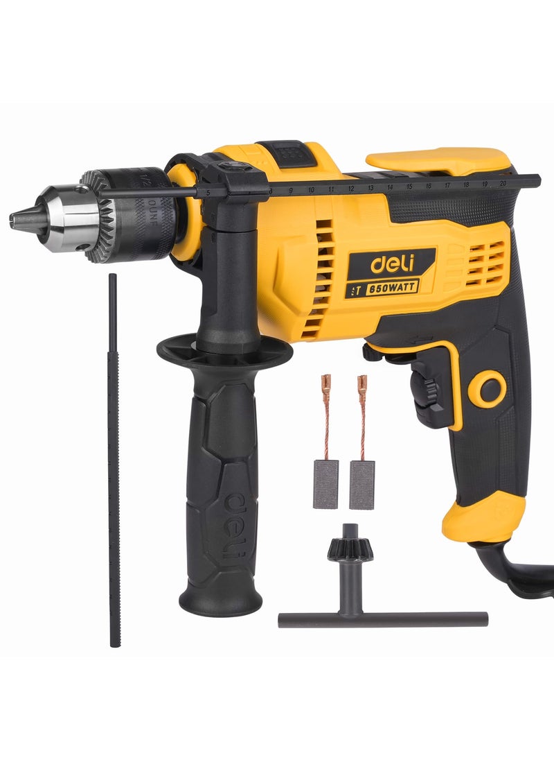 Deli Deli DLCZ13E5 650W Corded Electric Impact Drill with 03000RPM NoLoad Speed 048000min Impact Rate 220240v 50hz60hz Drilling Tool for Wood Metal Masonry Pack of 1 Yellow  - Image 1