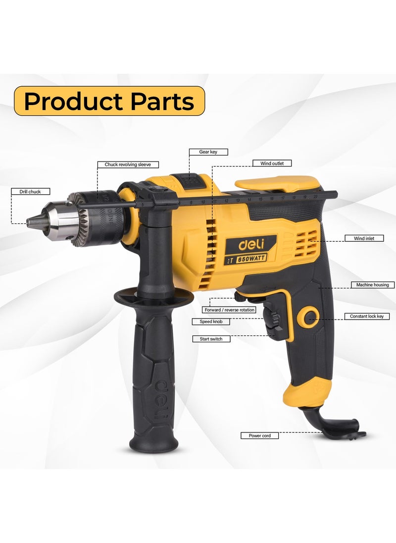 Deli Deli DLCZ13E5 650W Corded Electric Impact Drill with 03000RPM NoLoad Speed 048000min Impact Rate 220240v 50hz60hz Drilling Tool for Wood Metal Masonry Pack of 1 Yellow  - Image 2