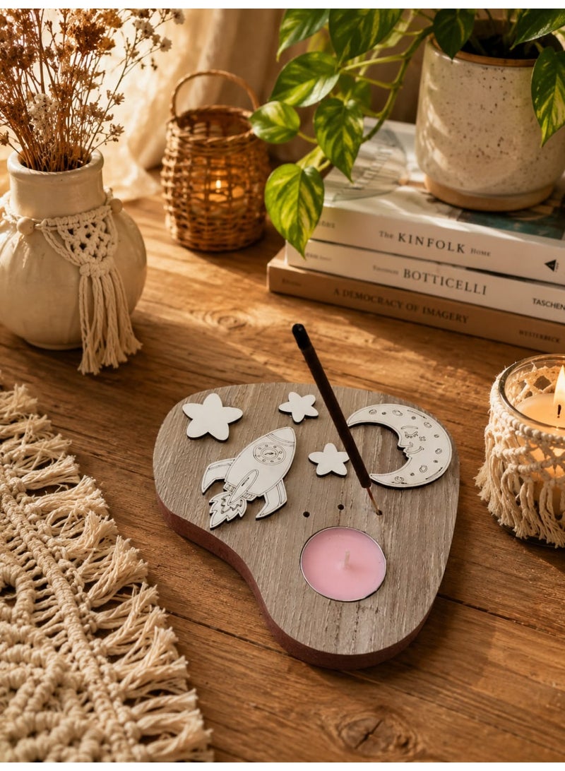 A wooden candle and incense holder with a sophisticated decorative touch - Image 1