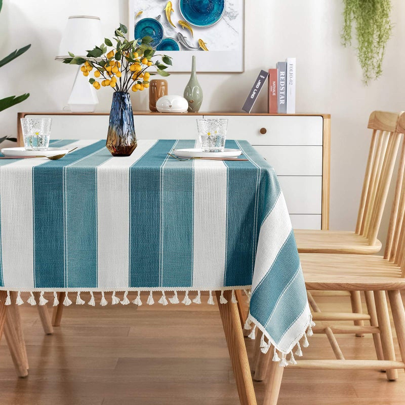 AmHoo AmHoo Striped Tassel Tablecloth Stitching Rectangle Table Cloth Cotton Linen Fabric Table Cover for Kitchen Dinning Tabletop 55 x 70 Inch Teal