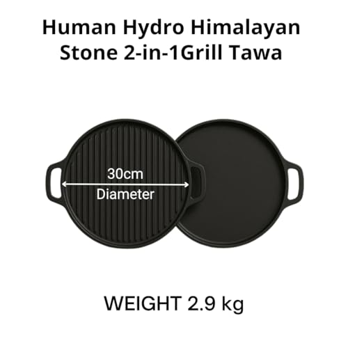 Human Hydro مقلاة حجرية هيمالايا هيدرو (30 سم، 2 في 1) مع ملعقة خشبية | حجر طبيعي غني بالحديد | سطح مسطح وشواء قابل للعكس | أدوات طهي تقليدية خالية من السموم ومتوافقة مع الغاز - Image 2