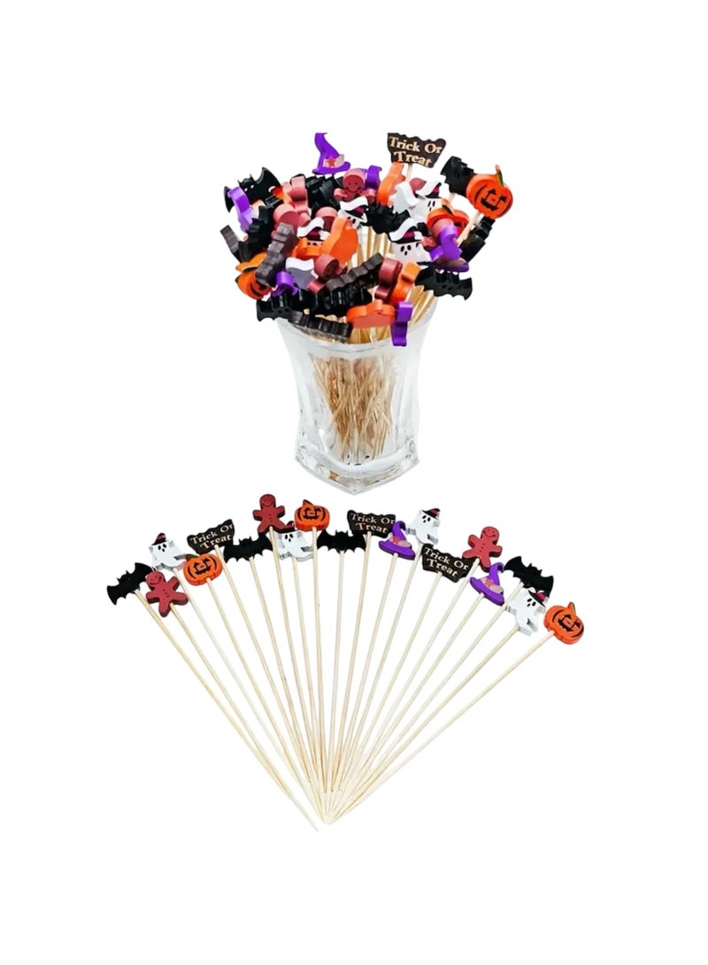 10 قطع من أعواد الكوكتيل الخشبية المزخرفة لحفلات الهالوين، على شكل خفاش قرع شبح للفواكه والكعك والكعك الصغير والمعجنات والحلويات والبسكويت والحلويات لتزيين أدوات المائدة بنفسك، خدعة أم حلوى مخيفة - Image 1