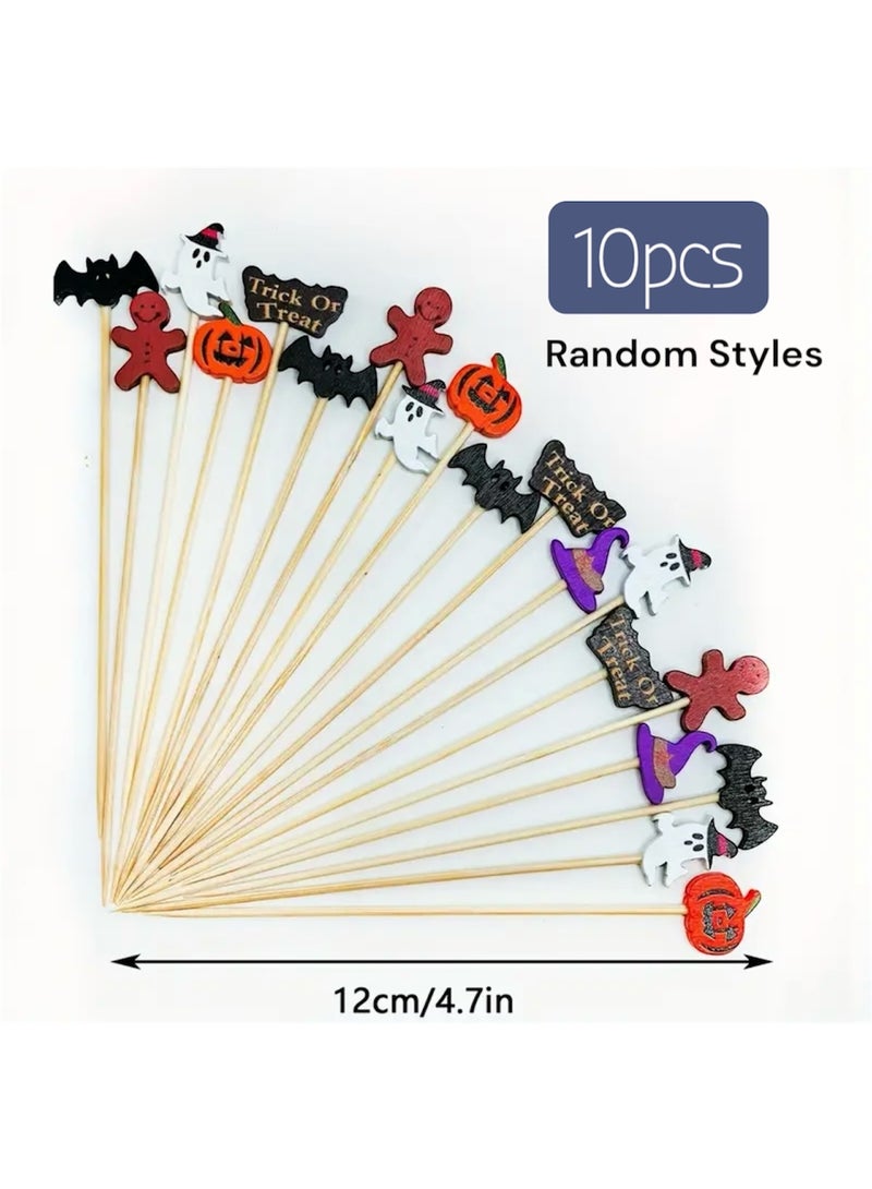 10 قطع من أعواد الكوكتيل الخشبية المزخرفة لحفلات الهالوين، على شكل خفاش قرع شبح للفواكه والكعك والكعك الصغير والمعجنات والحلويات والبسكويت والحلويات لتزيين أدوات المائدة بنفسك، خدعة أم حلوى مخيفة - Image 2