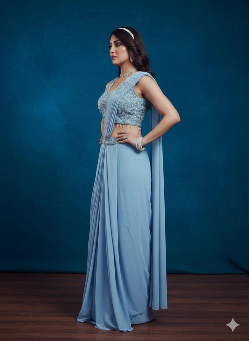 Lehar Powder Blue Contemporary Draped Saree with Embroidered Blouse