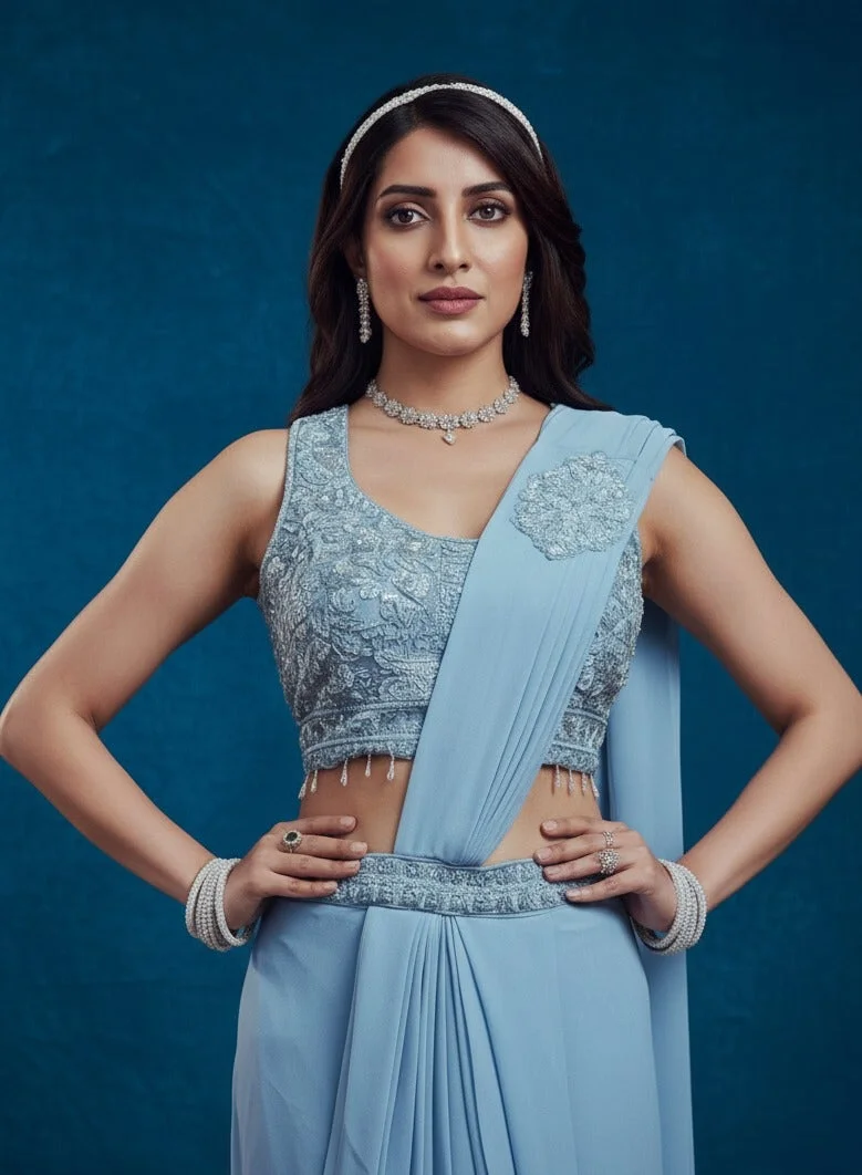 Lehar Powder Blue Contemporary Draped Saree with Embroidered Blouse