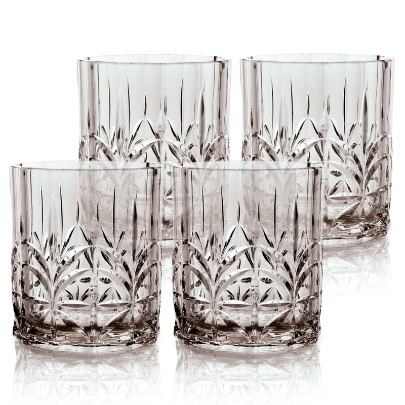 BELLAFORTE Shatterproof Tritan Plastic Short Tumbler Set of 4 13oz  Myrtle Beach Unbreakable Crystal Cut Old Fashioned Drinking Glasses for Whiskey  BPA Free  Dishwasher Safe  Grey