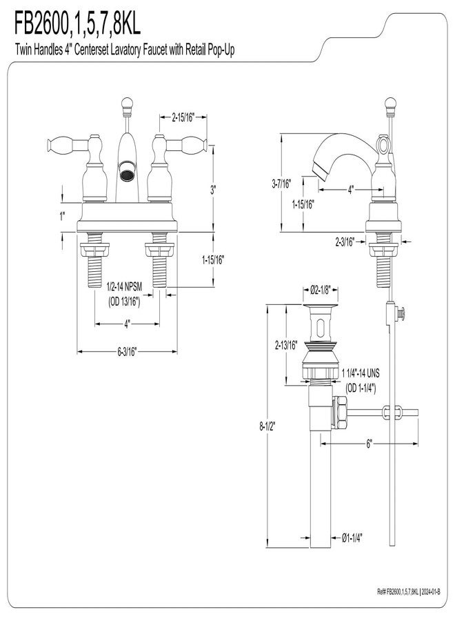 Kingston Brass FB2608KL 4-Inch in Spout Reach Knight 4-Inch Centerset Lavatory Faucet with Brass/ABS Pop-Up, Brushed Nickel - Image 2