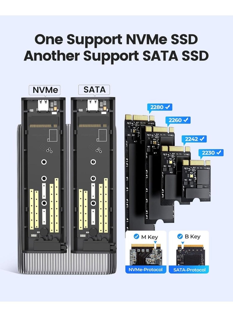 أوريكو علبة أقراص ثنائية M.2 NVMe مع SATA SSD، محول USB-C إلى M.2 لأقراص M.2 SSD من نوع PCIe M Key وB+M Key 2230/2242/2260/2280 M.2، تركيب بدون أدوات، قارئ M.2 من الألومنيوم يدعم TRIM وUASP حتى 2x4TB - Image 3