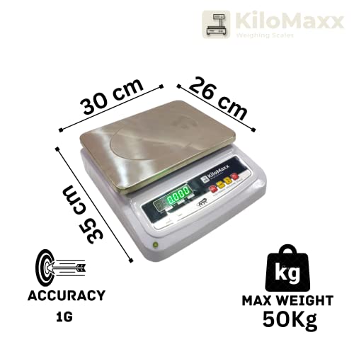 KiloMaxx كيلوماكس KM-27، ميزان إلكتروني بقدرة 50 كجم × 1 جرام مع شاشة مزدوجة فائقة السطوع باللون الأخضر من الأمام والخلف لمتاجر كيرانا والمطابخ والاستخدامات الصناعية والمصانع (وعاء من الفولاذ المقاوم للصدأ، 10x12 بوصة) - Image 2
