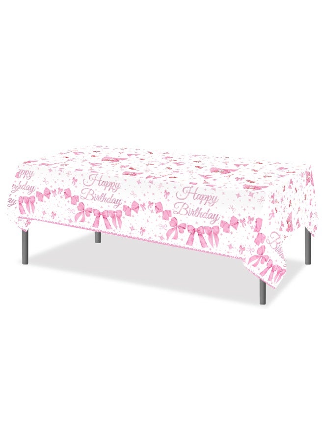 ThePartyPopper Pink Bow Birthday Table Cover – 130 x 220 CM Plastic Party Tablecloth for Girls’ Birthday | Princess Themed Party Decoration - Image 2