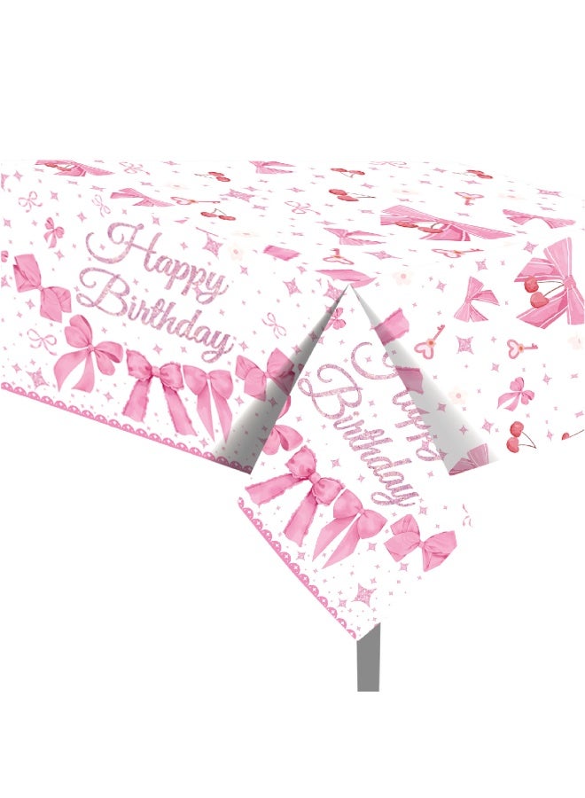 ThePartyPopper Pink Bow Birthday Table Cover – 130 x 220 CM Plastic Party Tablecloth for Girls’ Birthday | Princess Themed Party Decoration - Image 1