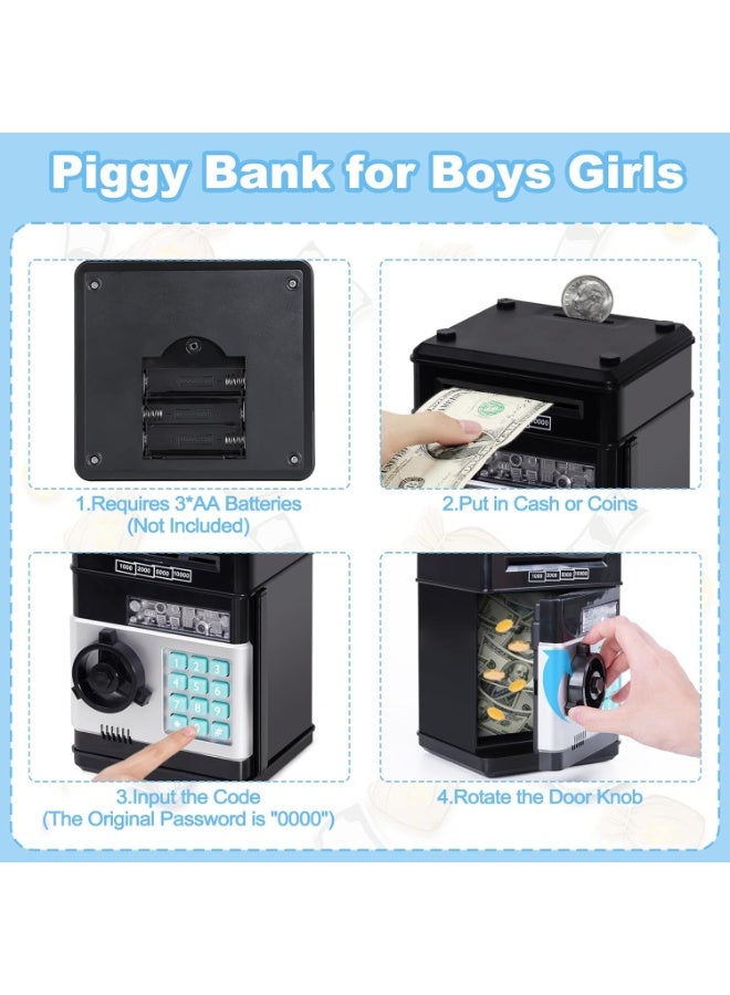 ARGT Electronic Piggy Bank Code Lock for Kids Baby Toy, Mini ATM Safe Coin Cash Banks Real Money Saving Box with Password, Auto Money Scroll for Children,Boys Girls Birthday (Black) - Image 4