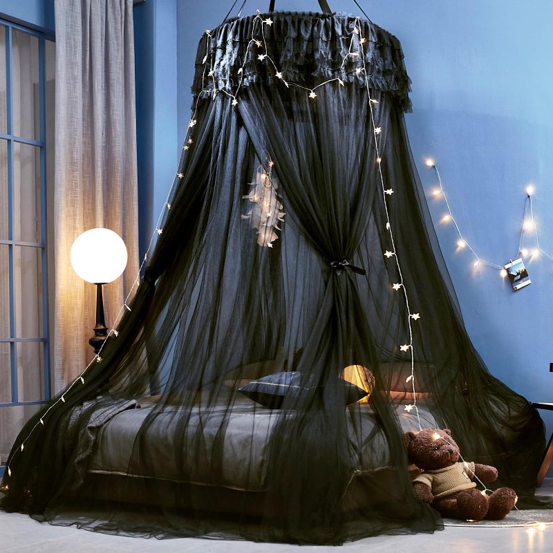 Kertnic Dreamy Bed Canopy for Girls/Adult, Bed Canopy Curtains Double Layer Sheer Mesh, Room Decor Canopies Netting Dome Round Lace Mosquito Net Tent for Twin Full Queen King Bed (Black) - Image 1