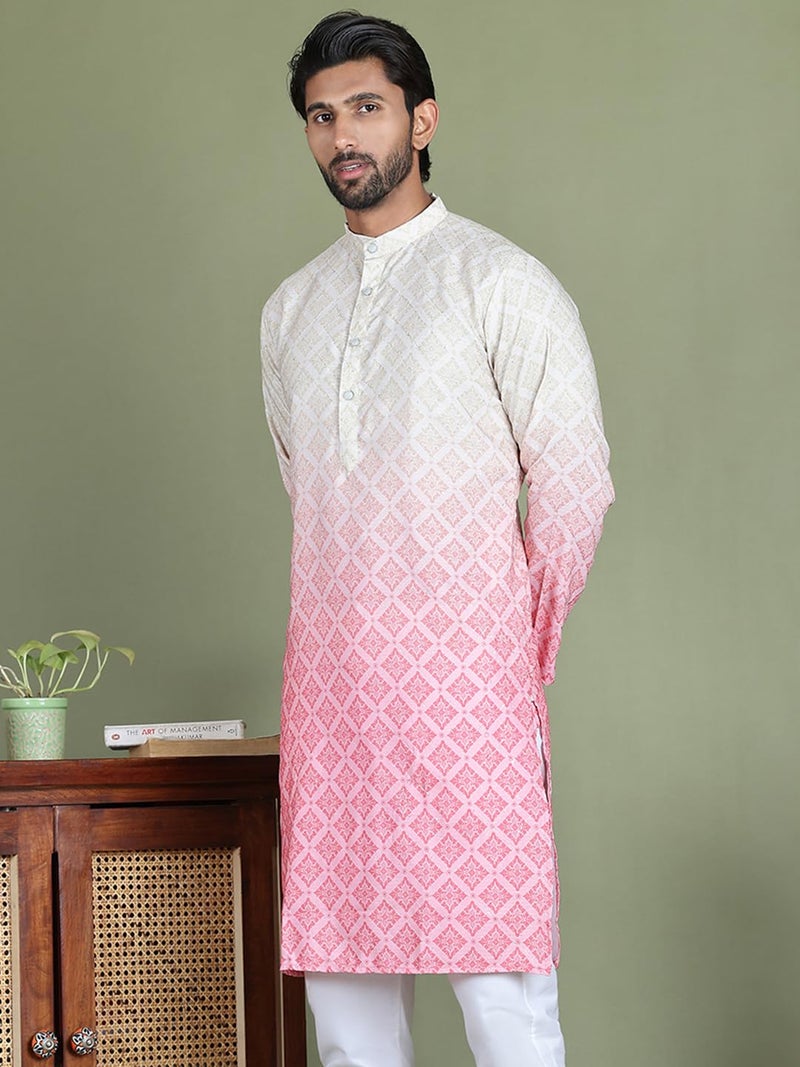 Jompers Men's Cotton Peach Ombre Printed Regular Fit Kurtas (Peach, L) - Image 3