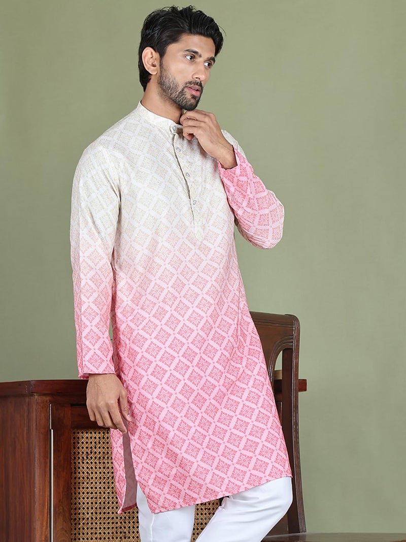 Jompers Men's Cotton Peach Ombre Printed Regular Fit Kurtas (Peach, L) - Image 5