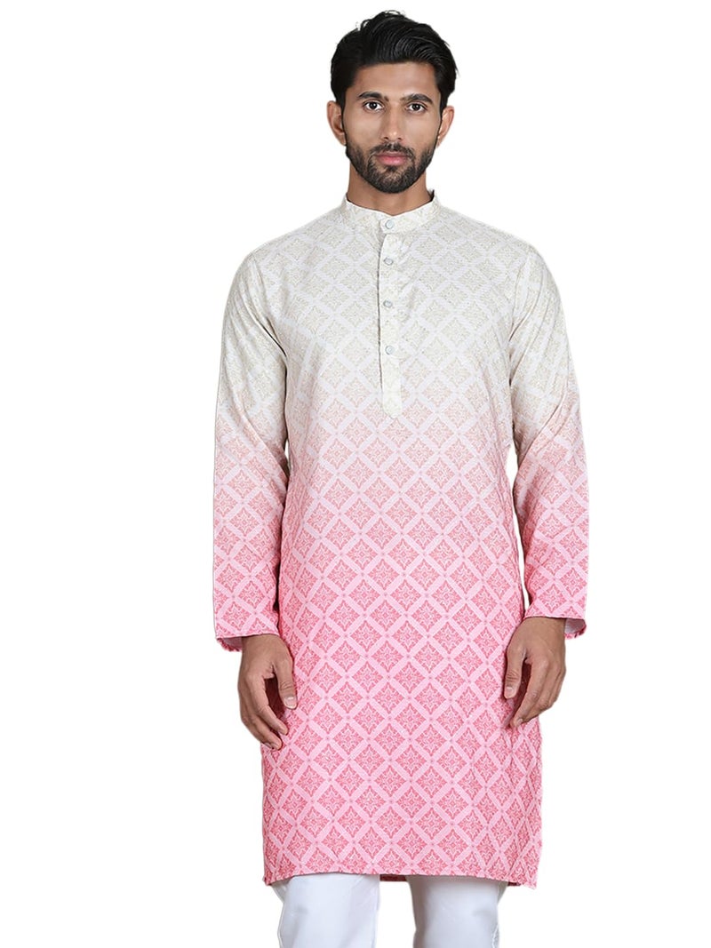 Jompers Men's Cotton Peach Ombre Printed Regular Fit Kurtas (Peach, L) - Image 1