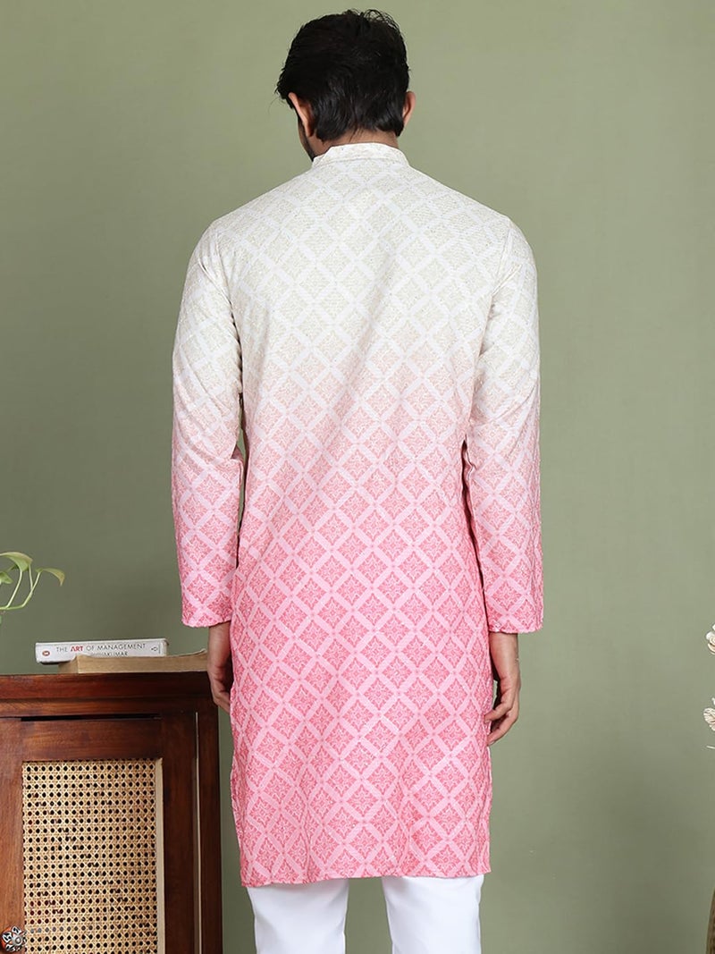 Jompers Men's Cotton Peach Ombre Printed Regular Fit Kurtas (Peach, L) - Image 2