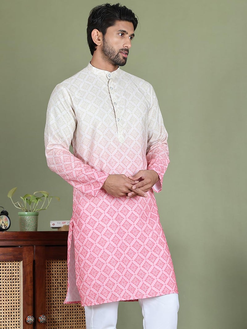 Jompers Men's Cotton Peach Ombre Printed Regular Fit Kurtas (Peach, L) - Image 4