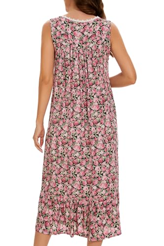 AVIIER Cotton Nightgowns for Women Sleeveless House Dress Ladies Long Nightdress with Pockets (Black Rose, Small)… - Image 5