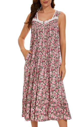 AVIIER Cotton Nightgowns for Women Sleeveless House Dress Ladies Long Nightdress with Pockets (Black Rose, Small)… - Image 1