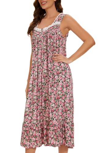 AVIIER Cotton Nightgowns for Women Sleeveless House Dress Ladies Long Nightdress with Pockets (Black Rose, Small)… - Image 4