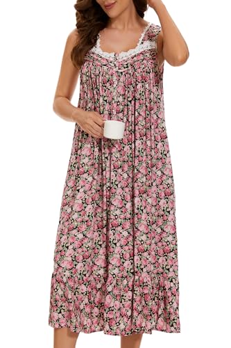 AVIIER Cotton Nightgowns for Women Sleeveless House Dress Ladies Long Nightdress with Pockets (Black Rose, Small)… - Image 2