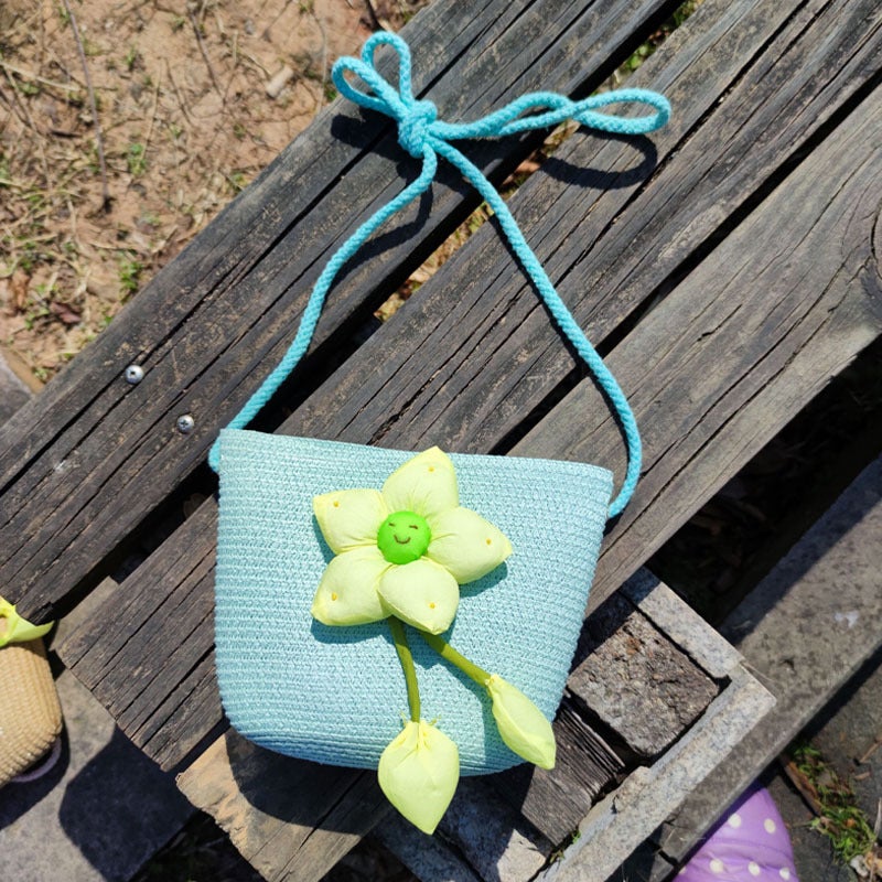 Little Girls Summer Woven Straw Bag Cute Childrens Mobile Phone Bag 2023 New Style Girls Crossbody Bag Blue Large Smiley Green Lotus 