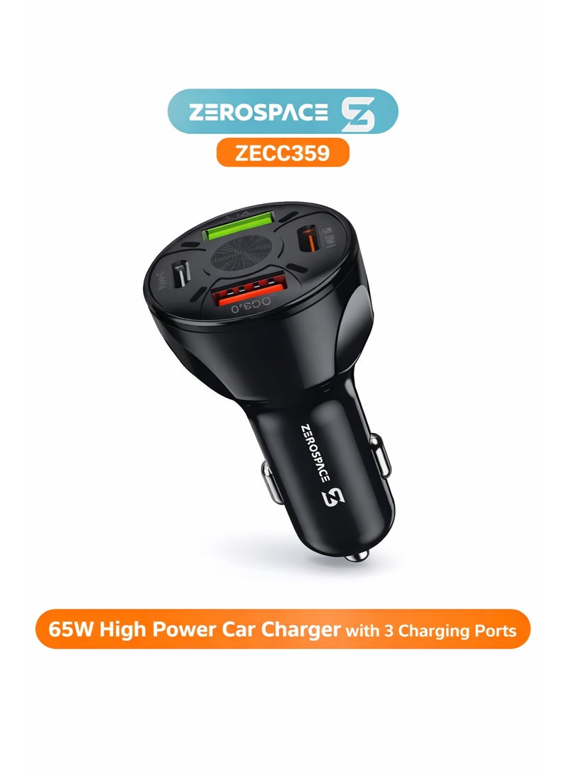شاحن سيارة عالي الطاقة Zerospace ZECC359 بقوة 65 واط - محول شحن سريع بثلاثة منافذ مع منفذ USB ومنفذ Type-C - قابس شحن ذكي للسيارة