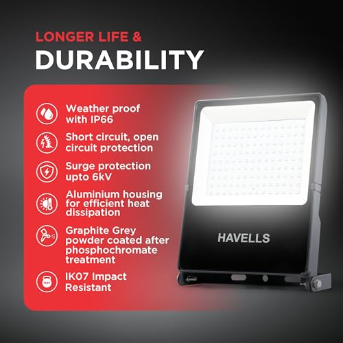 Havells 100W LED Flood Light, Centura Neo 6K IP66 Waterproof Led Lights with 120° Wide Beam-LED Lamp Lights for Yard, Factory,Garden, Playground & Home, Polycarbonate - Image 2