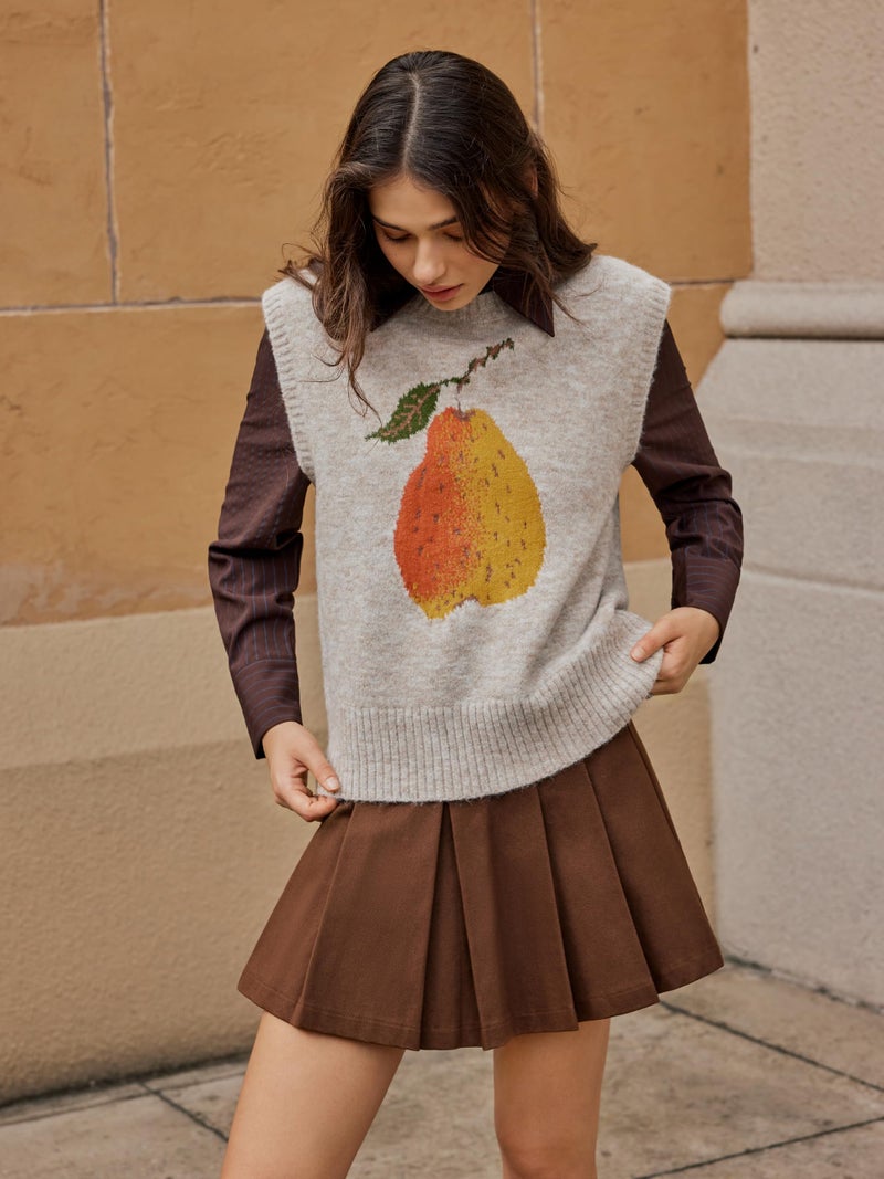 CIDER Womenâ€™s Sweater Vest Knit Sleeveless Pear Cute Graphic Sweater Vest Tank Top Fall Outfits Khaki - Image 4