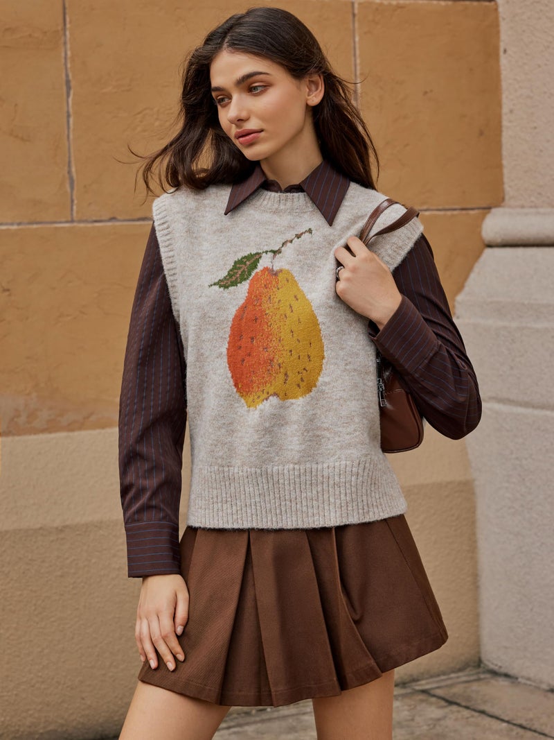 CIDER Womenâ€™s Sweater Vest Knit Sleeveless Pear Cute Graphic Sweater Vest Tank Top Fall Outfits Khaki - Image 2