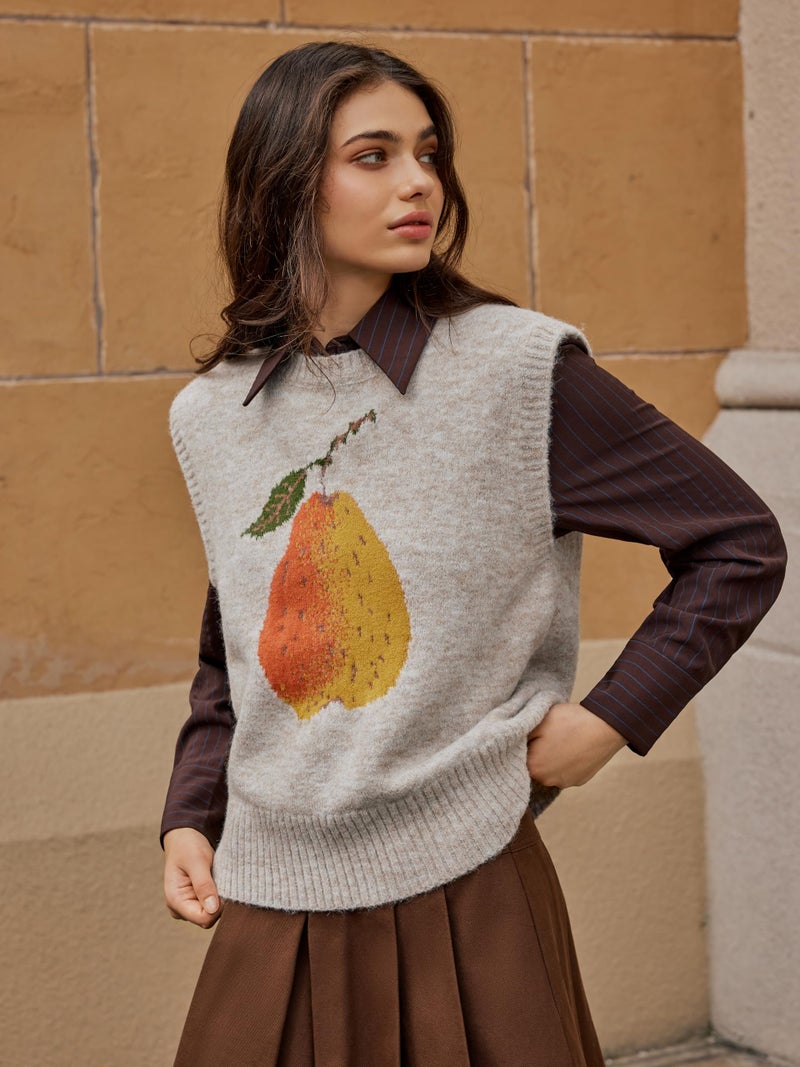 CIDER Womenâ€™s Sweater Vest Knit Sleeveless Pear Cute Graphic Sweater Vest Tank Top Fall Outfits Khaki - Image 3