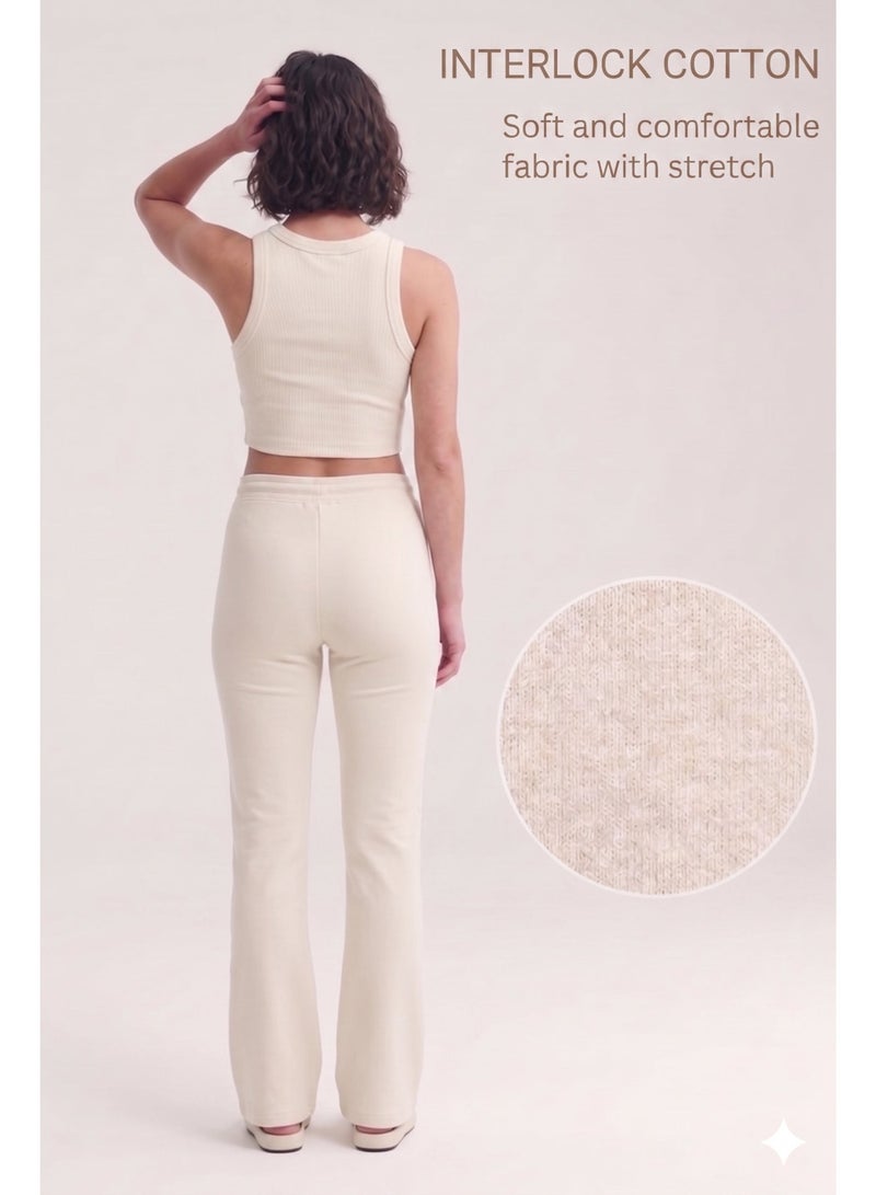 Soft Steps Women's Beige High-Waisted Flared Pants Soft Cotton Interlock | Elegant Fit with Drawstring  Size S - Image 2