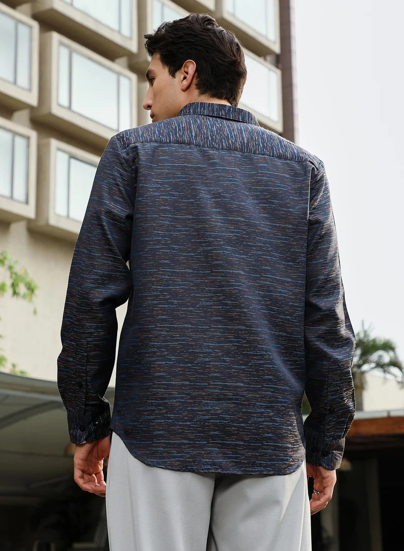 Campus Sutra Campus Sutra Men's Prussian Blue Contrast-Heathered Jacquard Shirt | Spread Collar , Long  Cuffed Sleeves , Button Closure | Abstract Jacquard | Cotton-Blend Shirt For Casual Wear