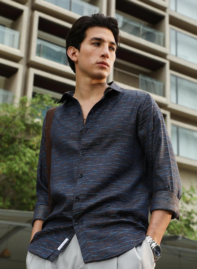 كامبوس سوترا Campus Sutra Men's Prussian Blue Contrast-Heathered Jacquard Shirt | Spread Collar , Long  Cuffed Sleeves , Button Closure | Abstract Jacquard | Cotton-Blend Shirt For Casual Wear