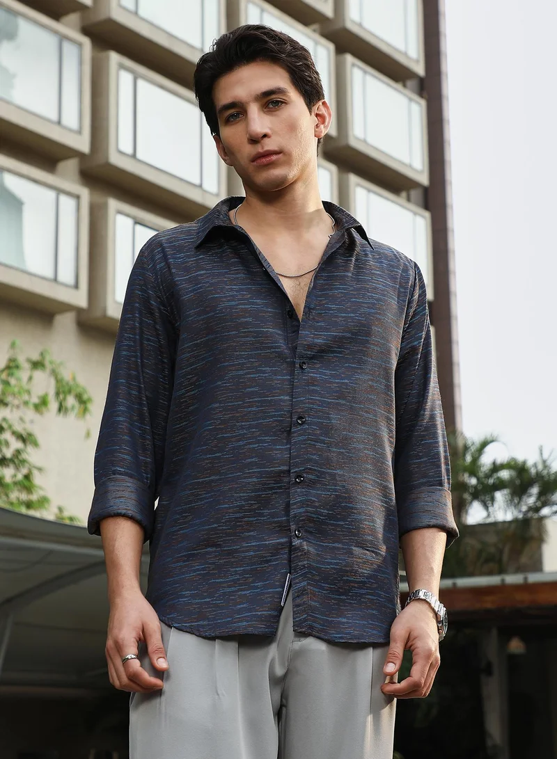 كامبوس سوترا Campus Sutra Men's Prussian Blue Contrast-Heathered Jacquard Shirt | Spread Collar , Long  Cuffed Sleeves , Button Closure | Abstract Jacquard | Cotton-Blend Shirt For Casual Wear