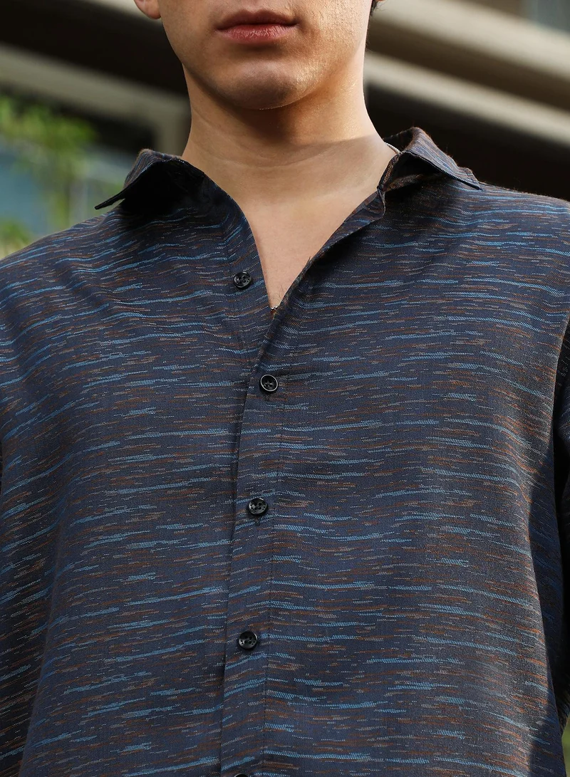 Campus Sutra Campus Sutra Men's Prussian Blue Contrast-Heathered Jacquard Shirt | Spread Collar , Long  Cuffed Sleeves , Button Closure | Abstract Jacquard | Cotton-Blend Shirt For Casual Wear