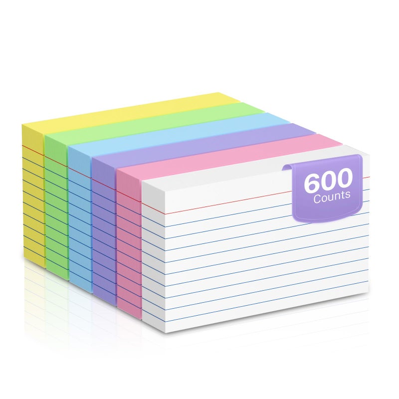 Nichela 600 Count Colored Index Cards 3 x 5 Inch Ruled Index Cards, Flash Cards College Ruled for School, College, Office and Home Organization, Durable Study To Do List Note Cards with Ruled Lines - Image 1