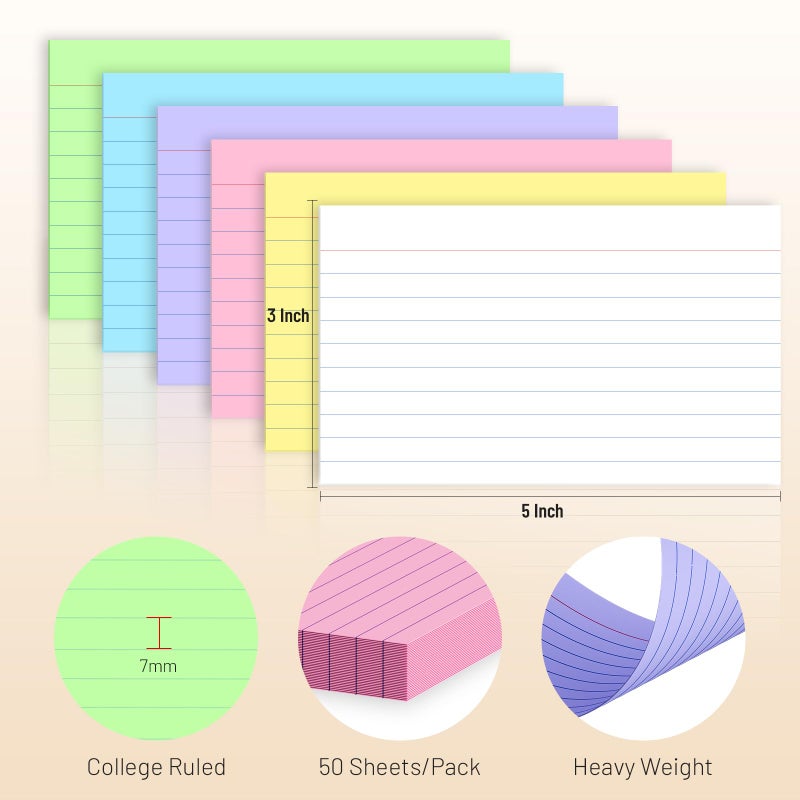 Nichela 600 Count Colored Index Cards 3 x 5 Inch Ruled Index Cards, Flash Cards College Ruled for School, College, Office and Home Organization, Durable Study To Do List Note Cards with Ruled Lines - Image 2