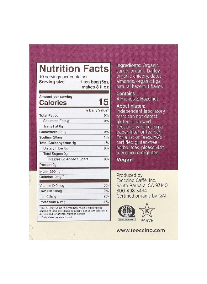 teeccino - Teeccino, Roasted Herbal Tea, Hazelnut, Caffeine Free, 10 Tea Bags, 2.12 oz (60 g) - Image 1
