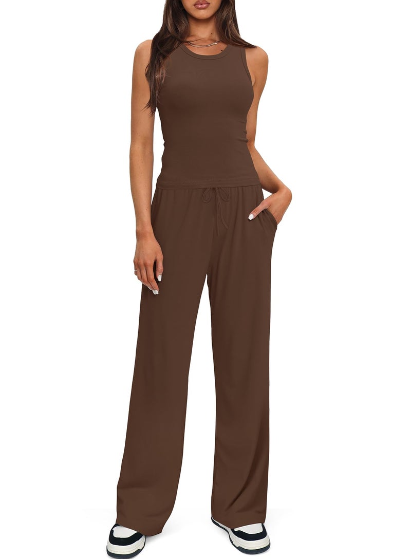Darong Womens Two Piece Outfits Lounge Sets Ruched Short Sleeve Pullover Tops and High Waisted Pants Tracksuit Sets 9054B Coffee