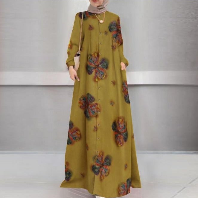 in stock cross-border foreign trade womens cotton and linen printed shirt robe dress round neck retro long sleeve plus size dress Yellow - Image 3