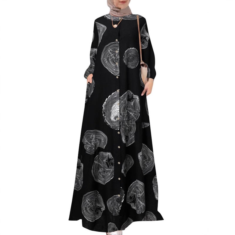 in stock cross-border foreign trade womens cotton and linen printed shirt robe dress round neck retro long sleeve plus size dress Yellow - Image 5